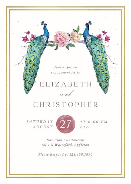 Peacocks in love - engagement party invitation