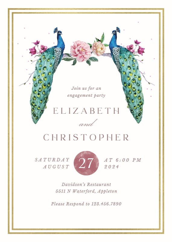 Peacocks in love - engagement party invitation