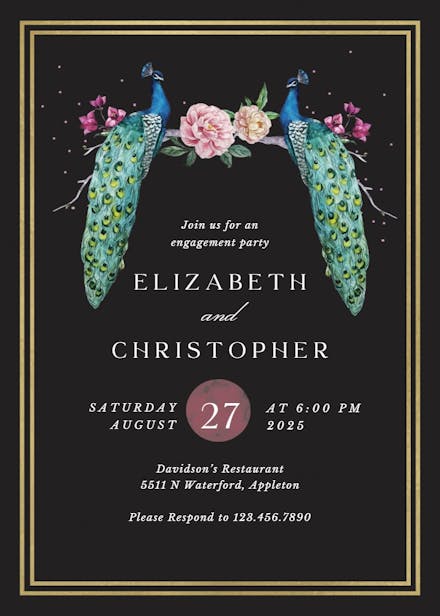 Peacocks in love - engagement party invitation