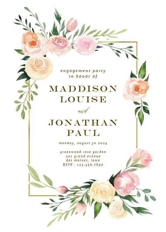 Pink botanical wreath - engagement party invitation
