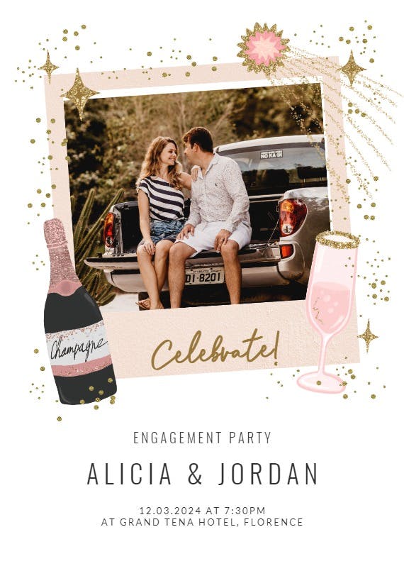 Polaroid champagne -  invitación para fiesta de compromiso