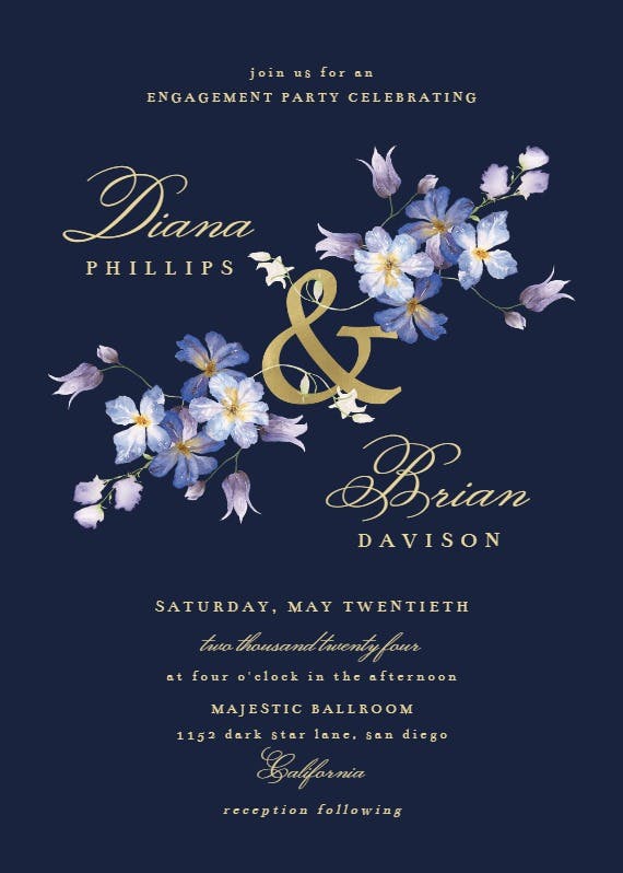 Purple flowers decoration - engagement party invitation