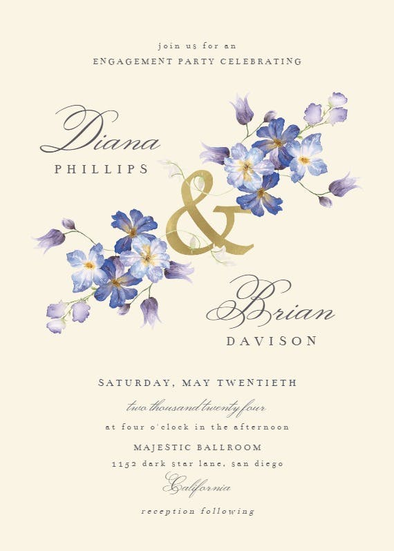 Purple flowers decoration - engagement party invitation