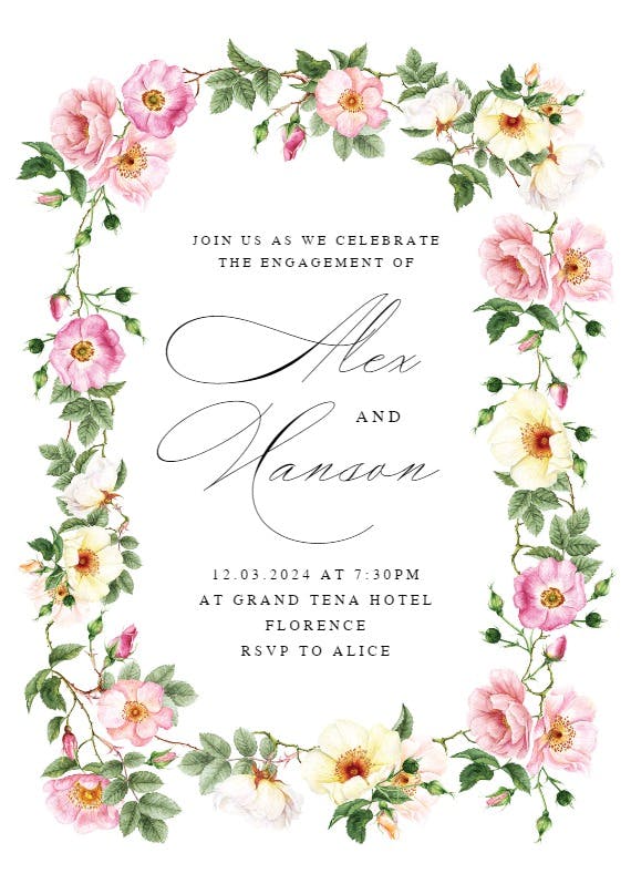 Roses watercolor wreath -  invitación para fiesta de compromiso