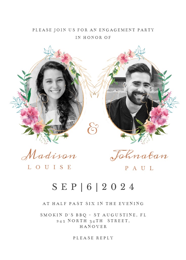 Sketchy floral double photo - Engagement Party Invitation Template ...