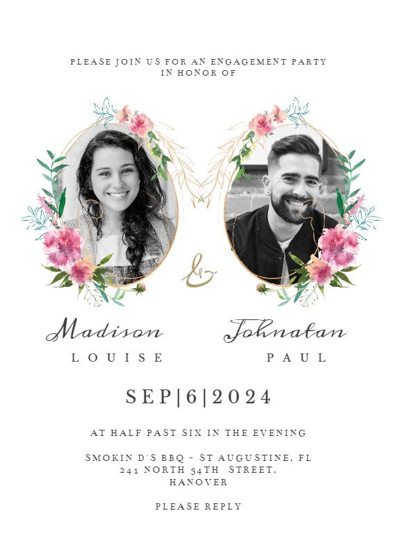 Sketchy floral double photo - engagement party invitation