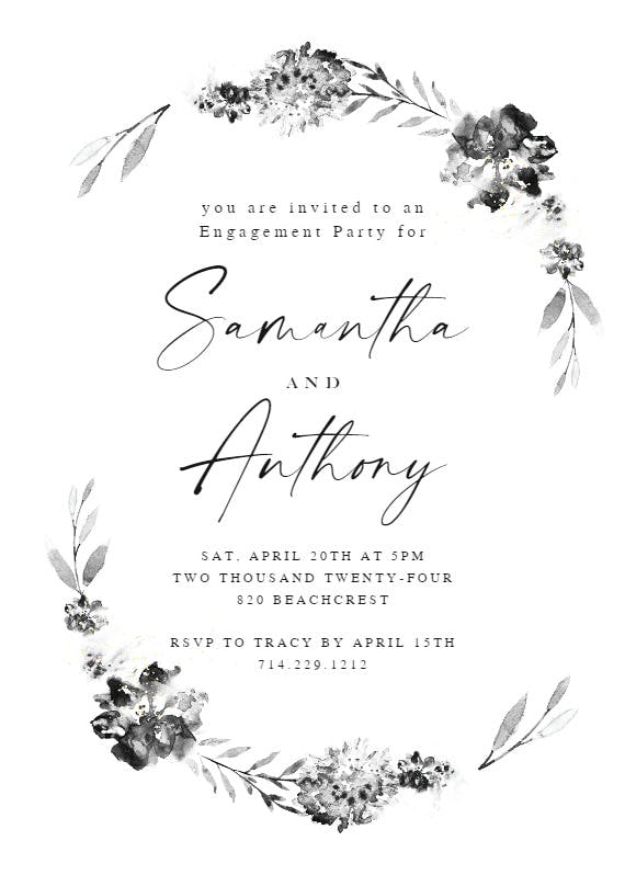 Smokey flowers wreath - engagement party invitation