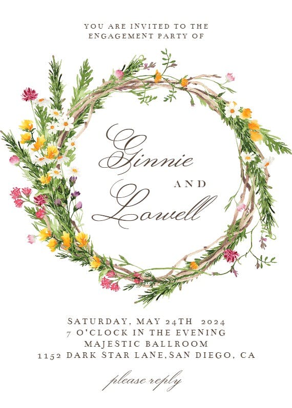 Spring flowers wreath - engagement party invitation