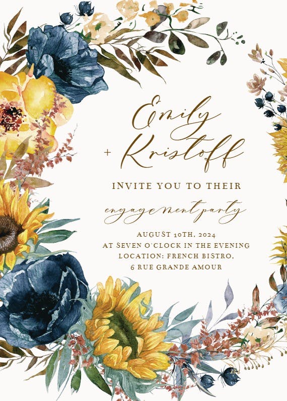 Sunflowers and blue -  invitación para fiesta de compromiso