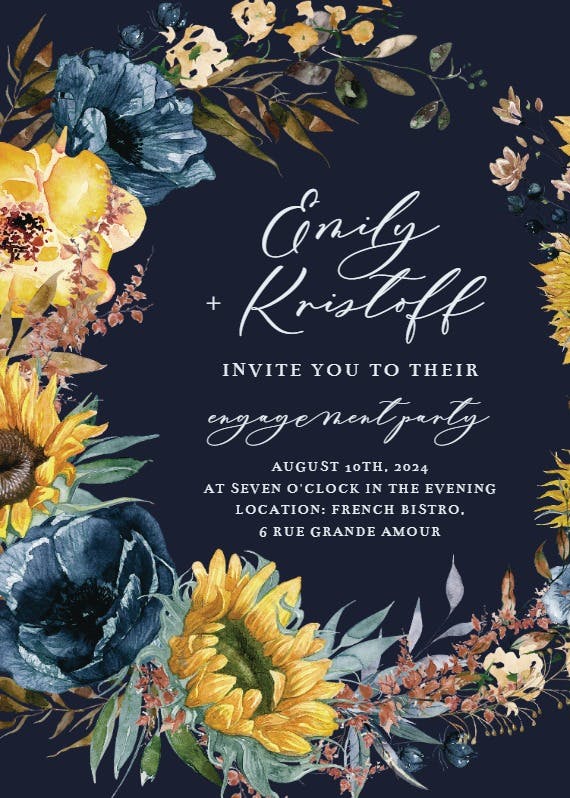 Sunflowers and blue -  invitación para fiesta de compromiso