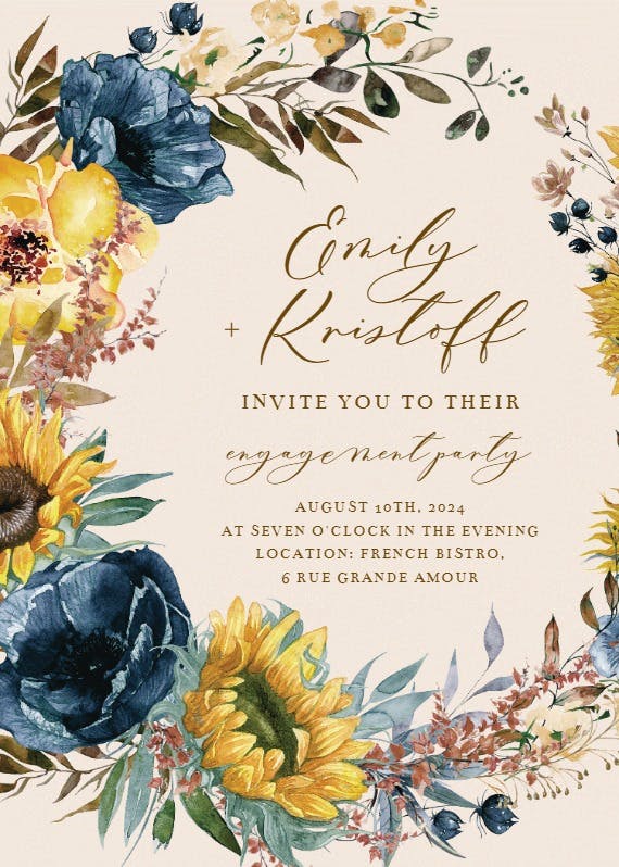 Sunflowers and blue -  invitación para fiesta de compromiso