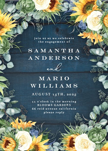 Sunflowers on navy blue wood - engagement party invitation