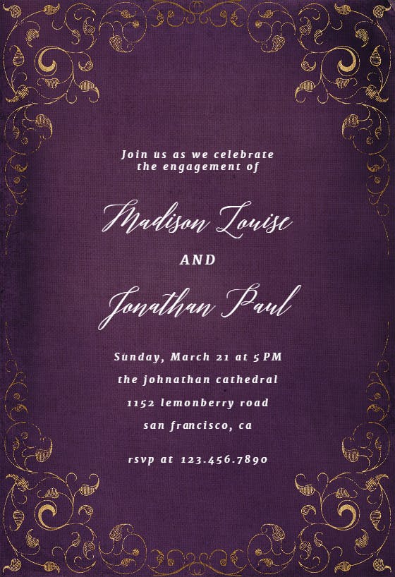 Swirls and frames purple - engagement party invitation