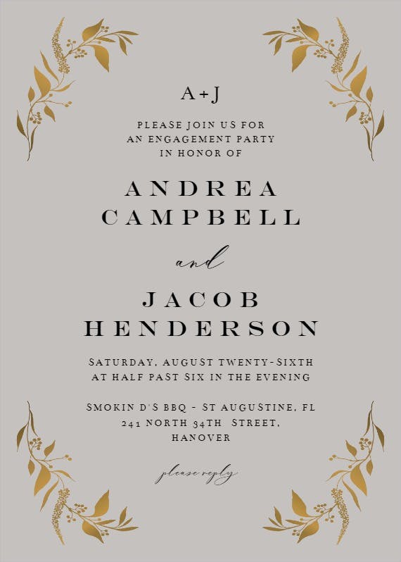 Tiny gold botanical - engagement party invitation