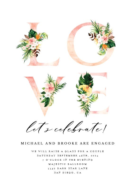 Tropical love lettering -  invitación para fiesta de compromiso
