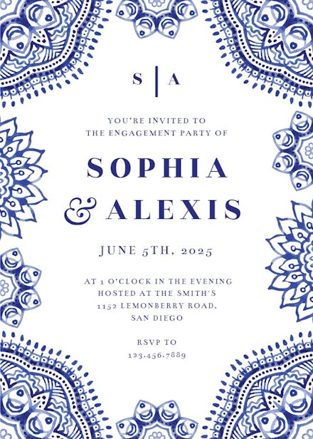 White and blue - engagement party invitation
