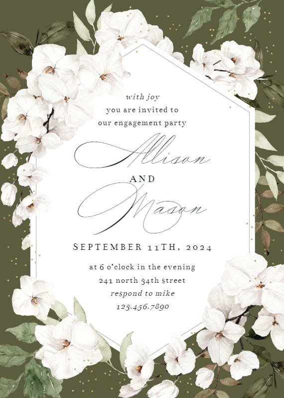 White orchid frame -  invitación para fiesta de compromiso