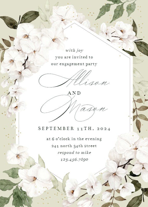 White orchid frame -  invitación para fiesta de compromiso