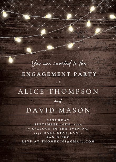 Wood and string lights - engagement party invitation