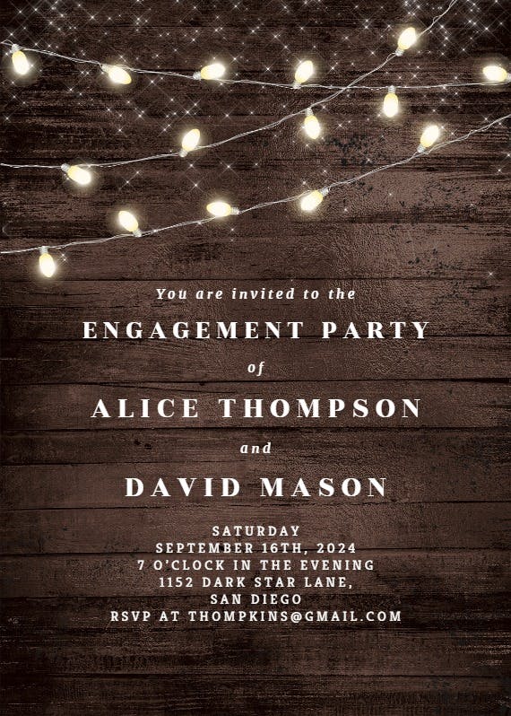 Wood and string lights -  invitación para fiesta de compromiso