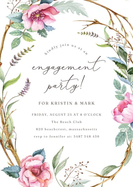 Woodland flower wreath - engagement party invitation
