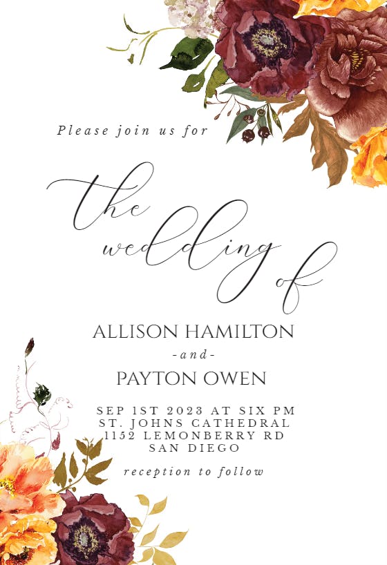 Autumn Flowers - Wedding Invitation Template | Greetings Island