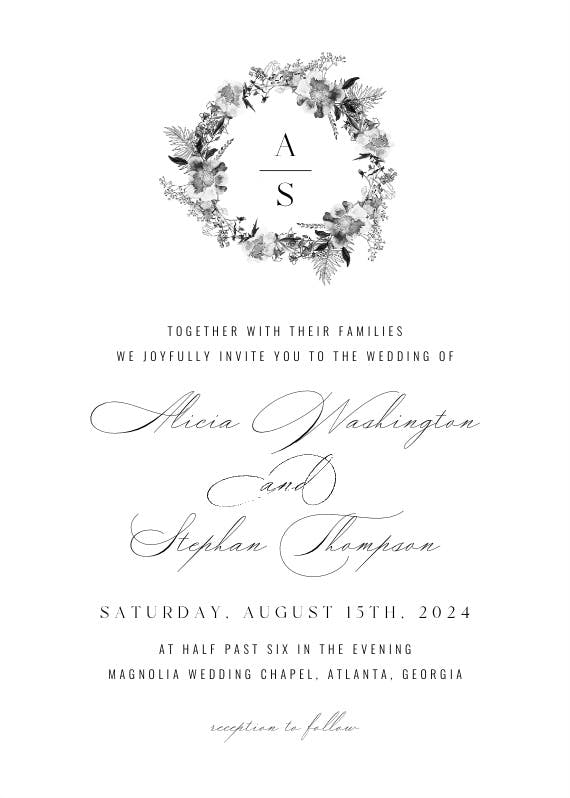 Black white wreath -  invitación de boda