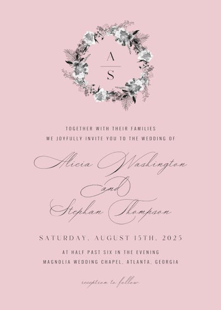 Black white wreath - wedding invitation