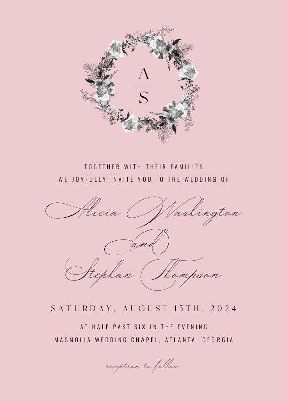 Black white wreath - wedding invitation