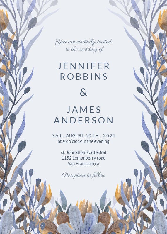 Blue and mustard florals - wedding invitation