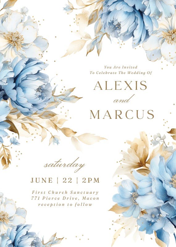 Blue and gold blooms - wedding invitation