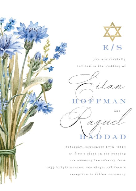 Blue bouquet jewish - wedding invitation