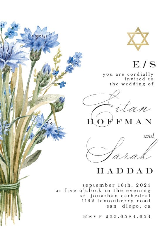 Blue bouquet jewish - wedding invitation