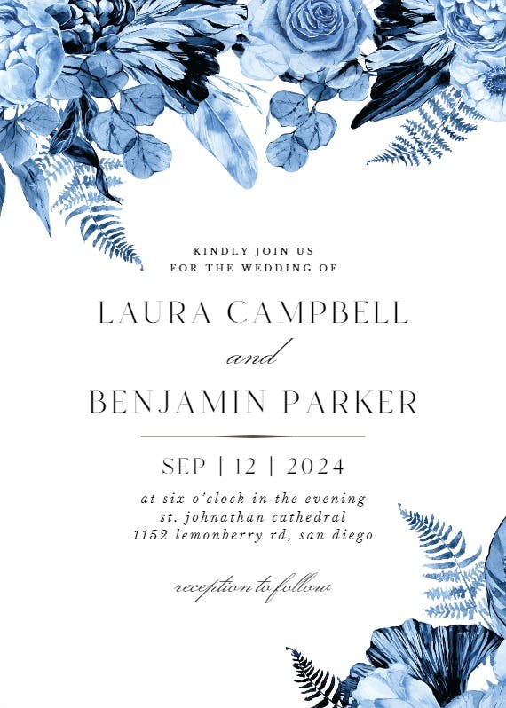 Boho blue floral - wedding invitation