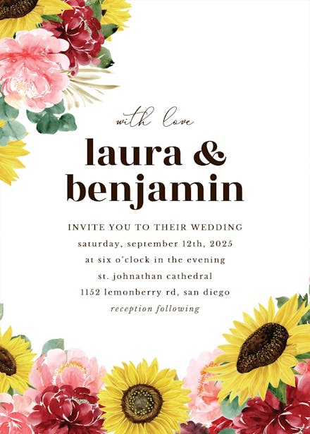 Burgundy sunflower - wedding invitation