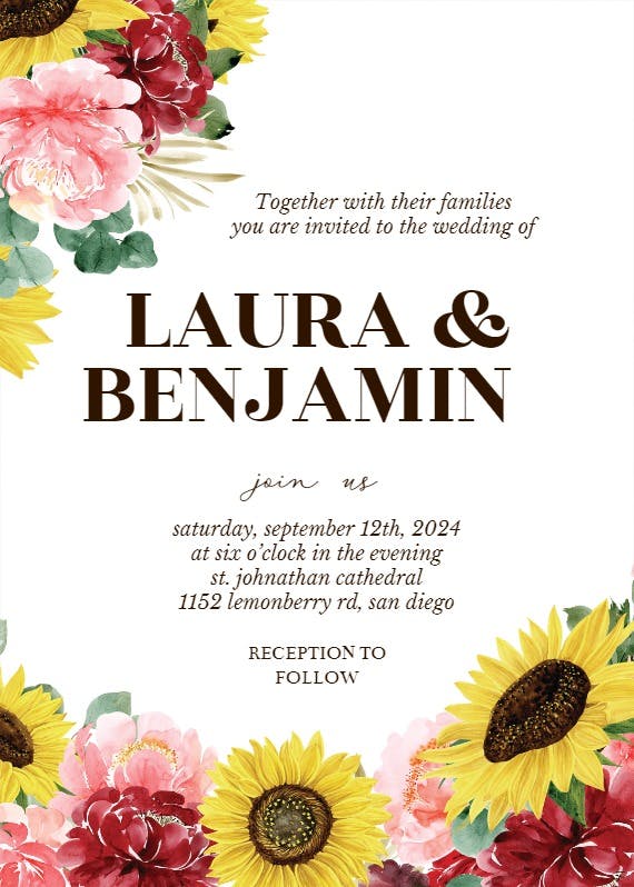 Burgundy sunflower - wedding invitation
