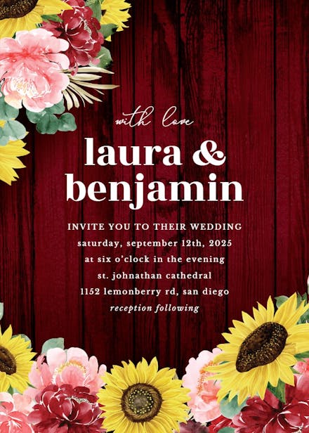 Burgundy sunflower - wedding invitation