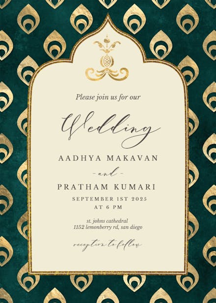 Elegant emerald peacock - wedding invitation