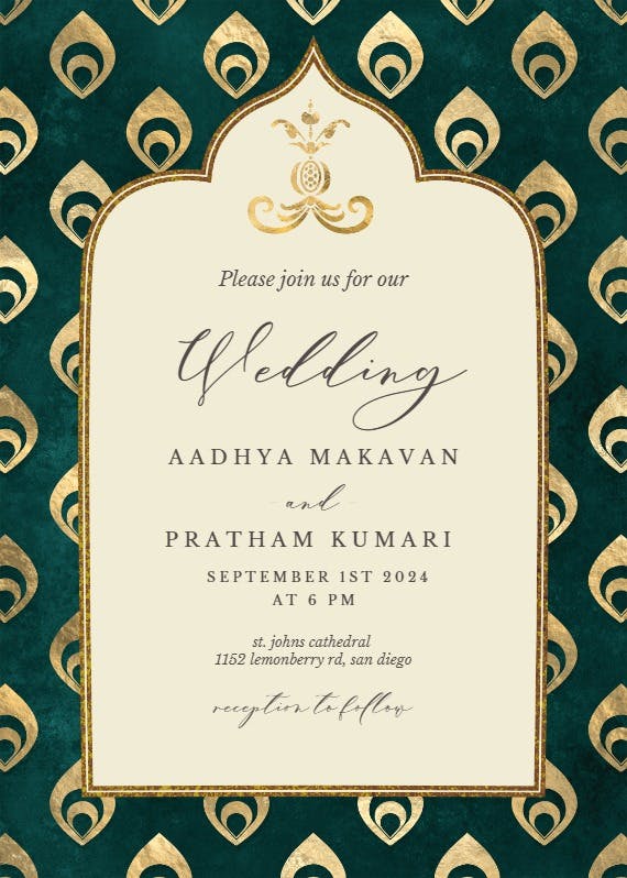 Elegant emerald peacock - wedding invitation
