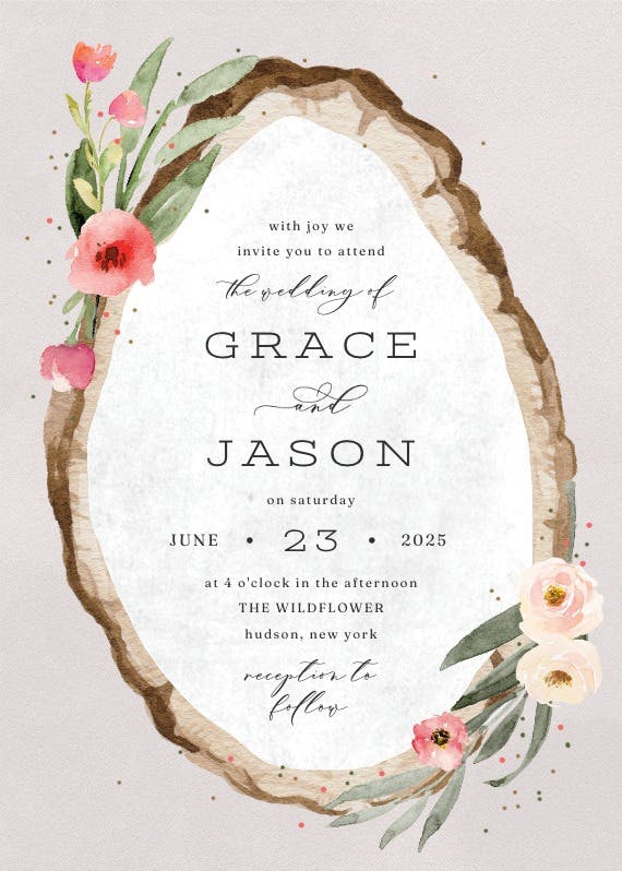 Floral wood slice - wedding invitation
