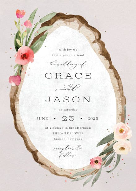 Floral wood slice - wedding invitation