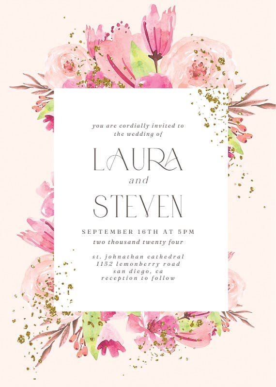 Flowers gold flakes - wedding invitation
