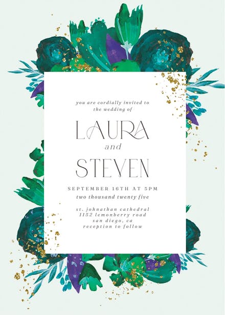 Flowers gold flakes - wedding invitation