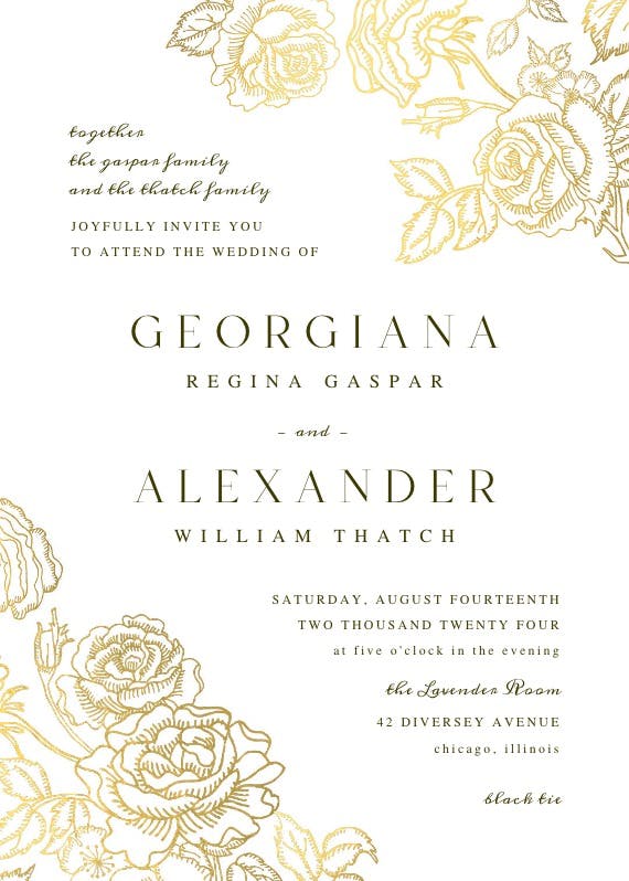 Gold foil roses -  invitación de boda
