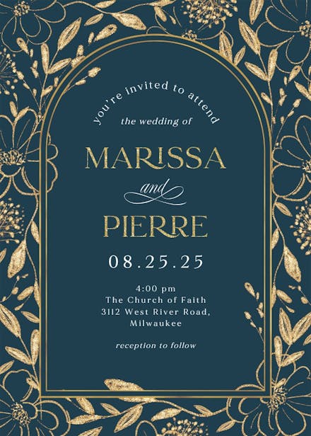 Gold surrounded by blooms - wedding invitation