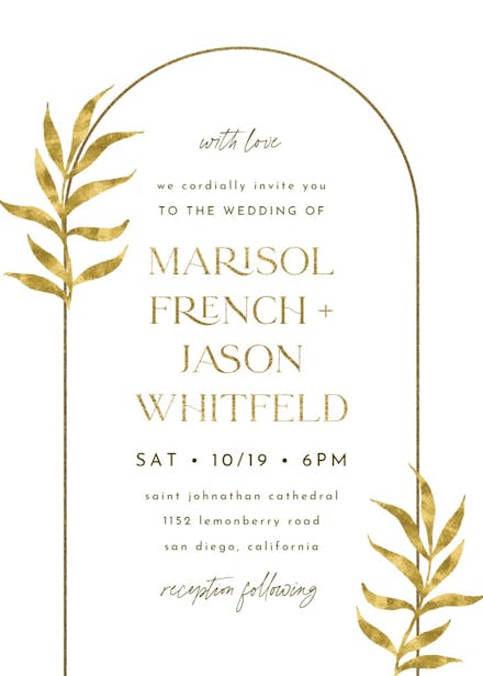 Golden botanical arch - wedding invitation