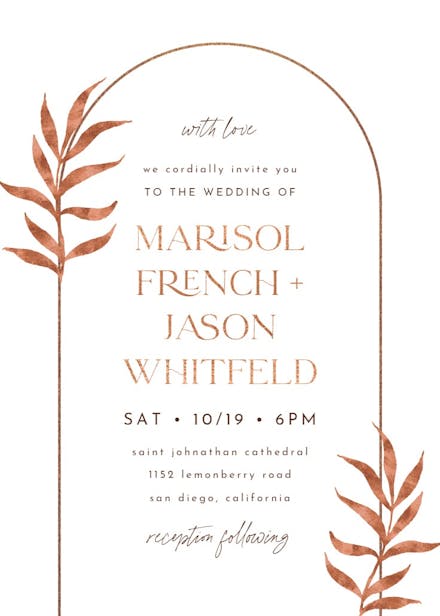Golden botanical arch - wedding invitation