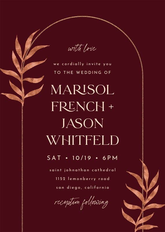 Golden botanical arch - wedding invitation