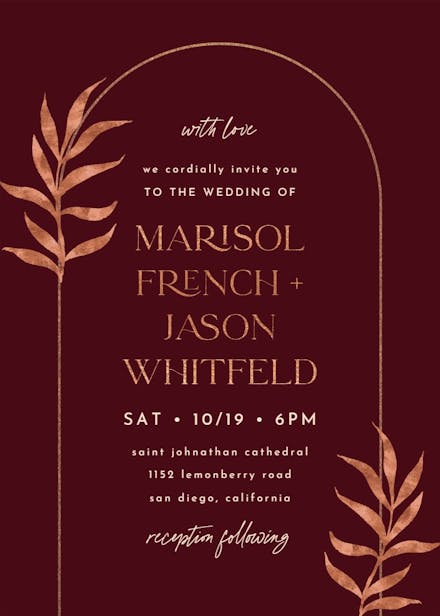 Golden botanical arch - wedding invitation