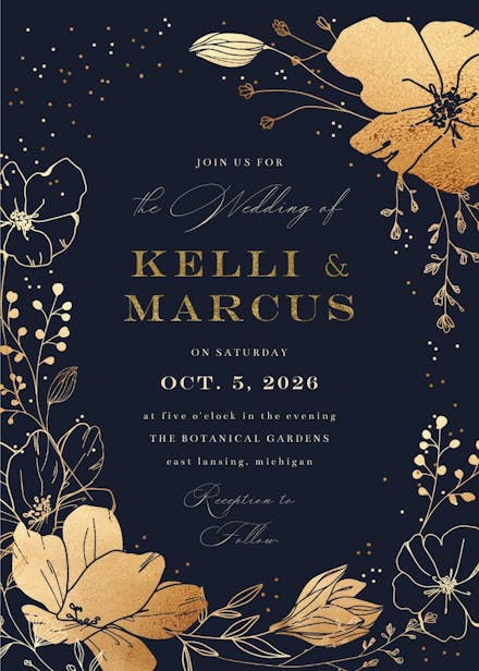 Golden flowers frame - wedding invitation